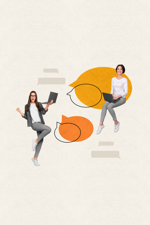 Vertical creative composite illustration photo collage of happy colleagues working on laptops solving tasks isolated on painted backgroundの写真素材