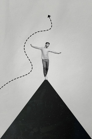 Vertical creative composite abstract collage photo of funny young man balancing with hands on top of triangle isolated drawing backgroundの写真素材