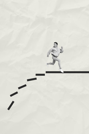 Template vertical collage magazine illustration of runner young girl fast speed risky situation drops isolated on gray color backgroundの写真素材