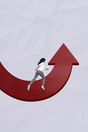 Creative abstract template collage of young ambitious funny female running arrow way out career entrepreneur student freelancer achieve aimの写真素材