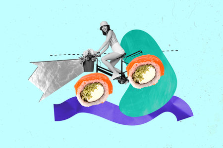 Creative trend collage of funny young female riding bicycle sushi wheels eating asian food have fun enjoy summer vacation travellingの写真素材