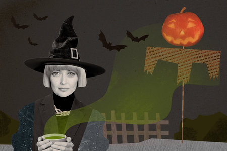 Retro abstract creative template collage of beautiful female hold potion coffee witch costume fashion happy halloween freak bizarre unusualの写真素材