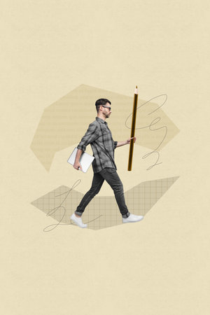 Image collage of handsome intelligent man going to work carrying huge pen isolated on drawing beige color backgroundの写真素材