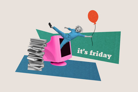 Photo billboard collage funky kid flying air balloon holding his gift friday party after elearn lecture school isolated on gray backgroundの写真素材