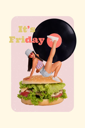 Image collage sketch of cheerful happy girl enjoying friday free time dancing isolated on painted backgroundの写真素材