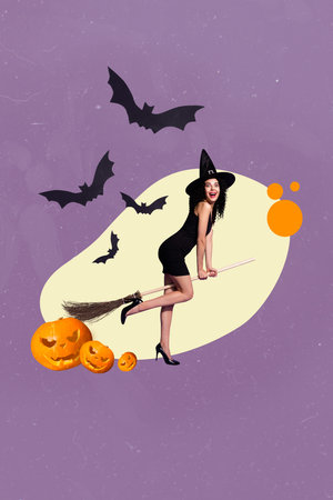 Vertical creative collage image of flying broom attractive female witch pumpkins halloween party surrealism template metaphor psychedelicの写真素材