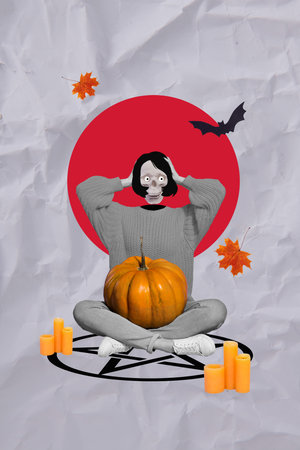 Placard collage of afraid scared weird arm touching weird zombie hands touch head isolated on grey color paper backgroundの写真素材