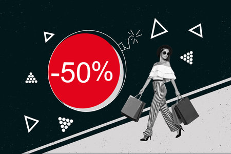 Billboard collage of bomb explosion visual effect sketch image fashionista lady walking shopping bags isolated on monochrome backgroundの写真素材