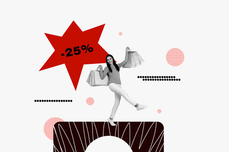 Poster collage of lady carry much packages shopaholic twenty five percent discount all collection black friday isolated on white backgroundの写真素材