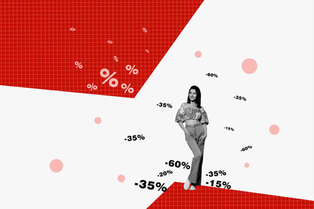 Full body length cadre collage billboard looking interesting propositions count saved money girl black friday isolated on white backgroundの写真素材