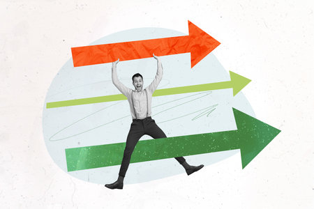 Collage retro sketch image of excited funky guy getting work growth isolated painting white color...