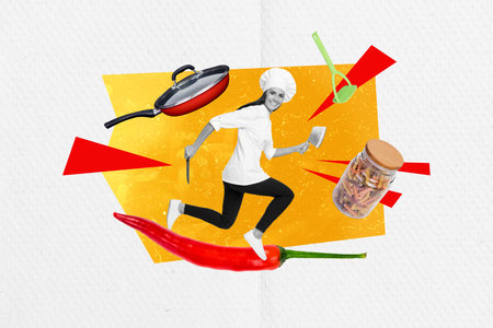 Collage artwork picture of happy smiling lady chef professional cooker isolated creative white color backgroundの写真素材