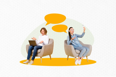 3d abstract creative artwork template collage of smiling workers texting modern gadgets empty space...