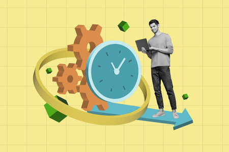 Creative collage image of mini black white effect guy use netbook big clock watch cogwheel gear arrow pointer isolated on checkered beige backgroundの写真素材