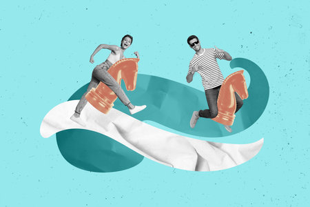 Exclusive magazine picture sketch collage image of excited funny couple riding chess horses isolated creative backgroundの写真素材