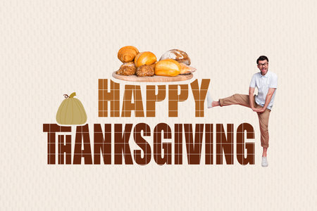Artwork magazine collage picture of funky carefree guy wishing happy thanksgiving day isolated beige color backgroundの写真素材