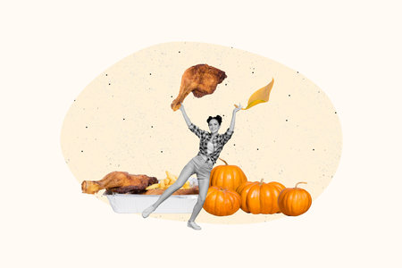 Poster photo collage of cheerful carefree girl dancing celebrating festive event eating tasty dish isolated on drawing white backgroundの写真素材