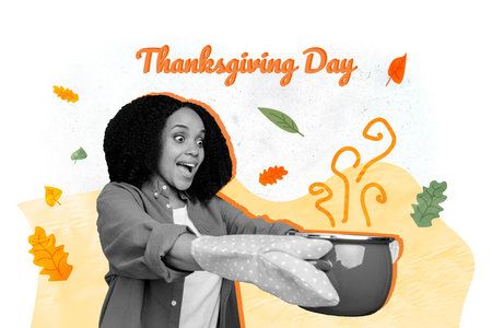 Photo collage artwork picture of impressed funky lady cooking thanksgiving family dinner isolated creative backgroundの写真素材