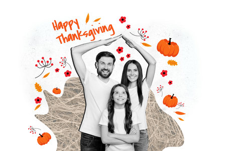 Image collage poster of beautiful cheerful family celebrating festival happy thanksgiving day isolated on white drawing backgroundの写真素材