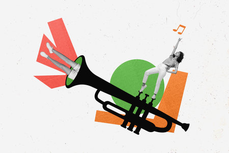 Absurd collage photo of young girl rock star jazz band blowing music pipe trumpet blues have fun concert isolated on white backgroundの写真素材