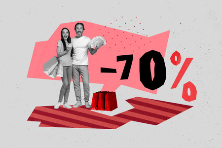 Billboard collage picture of cheerful happy family spending money buying clothes trendy collection -70 percentの写真素材