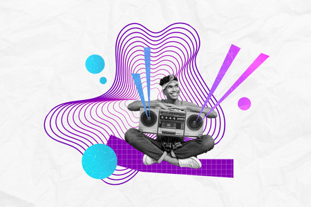 Abstract creative composite photo collage of happy dreamy guy sit hold retro boombox recorder listen music isolated on painted backgroundの写真素材