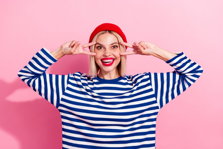 Photo of nice youngster funky girlfriend show double v sign over her head smiling toothy stylish student isolated on pink color backgroundの写真素材