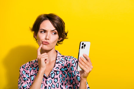 Portrait of minded pensive person finger touch chin use smart phone empty space isolated on yellow color backgroundの写真素材