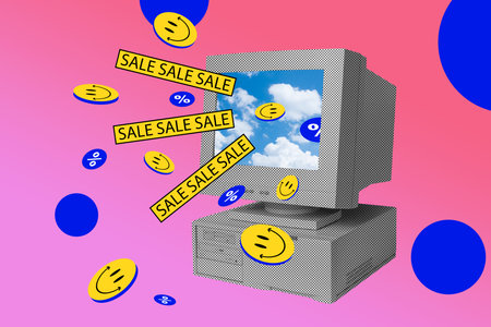 Banner 3d collage image of vintage old computer monitor sale off low price modern technology device isolated on drawing backgroundの写真素材
