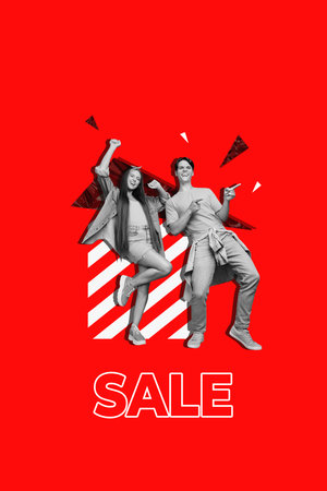 Vertical collage image of two excited black white effect excited people dance point fingers special sale proposition isolated on red backgroundの写真素材