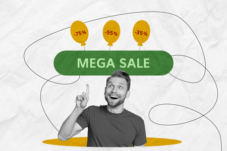 Banner sketch collage poster of excited cheerful man recommend visit market supermarket mega sale isolated on paper yellow backgroundの写真素材