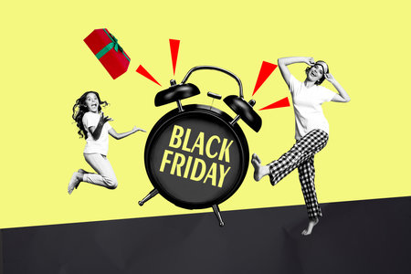 Banner collage poster of happy cheerful two people awake big alarm clock celebrate low price super black friday saleの写真素材