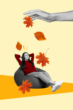 Collage image pinup retro illustration comfortable beanbag pouf relaxation girl golden falling leaves autumn isolated on yellow backgroundの写真素材