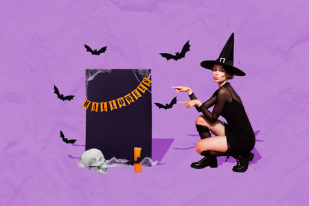 Collage picture of mystic cruel conjurer girl point fingers halloween flags poster skull head candle flying bats isolated on purple paper backgroundの写真素材