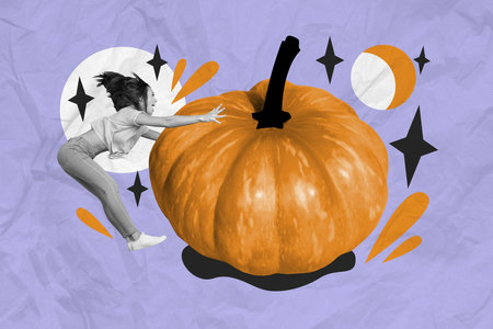 Artwork collage picture of excited mini black white colors girl jump arms touch huge pumpkin isolated on paper violet backgroundの写真素材