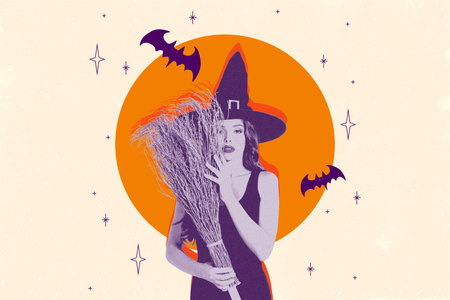 Composite creative photo illustration collage of beautiful witch hold broomstick haunting at night isolated on colorful backgroundの写真素材