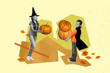 Magazine picture sketch collage image of happy smiling kids preparing halloween night isolated beige color backgroundの写真素材