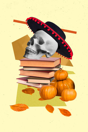 Collage artwork picture of halloween scull lying book wear latino headwear isolated painting backgroundの写真素材