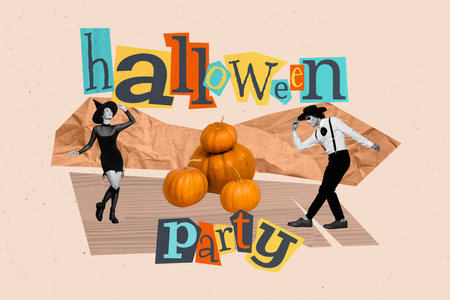 Photo collage picture of funny couple wear halloween costume enjoying party isolated beige color backgroundの写真素材