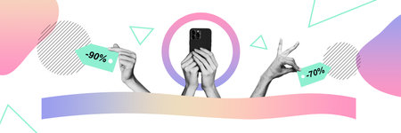 Creative collage of black white effect arms hold smart phone special sale offer proposition isolated...