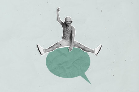 Composite photo illustration collage of funny young guy riding cowboy paper crumpled green speech round cloud isolated on grey backgroundの写真素材