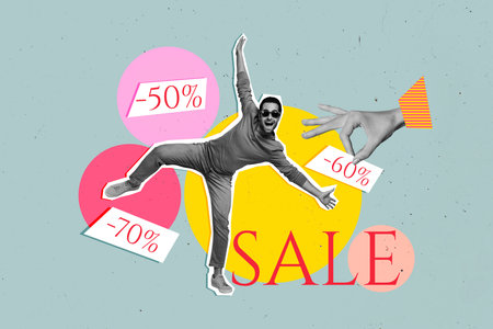 Photo poster collage placard of crazy young man summer outfit discotheque prices fallings cheap accessories isolated on blue backgroundの写真素材