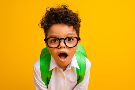 Portrait of little impressed kid open mouth speechless empty space ad isolated on yellow color...