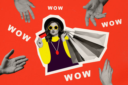 Banner collage artwork of charming elegant girl buy stylish clothes collection card cashless payment isolated on red painted backgroundの写真素材