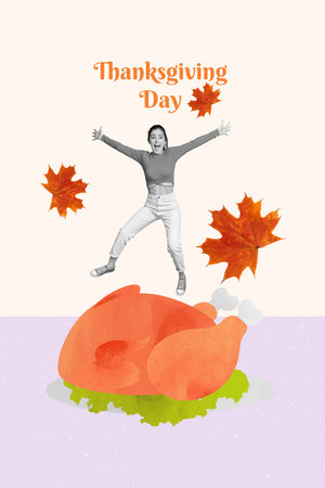 Vertical collage picture of excited mini black white colors girl jump above big roasted turkey tray happy thanksgiving dayの写真素材