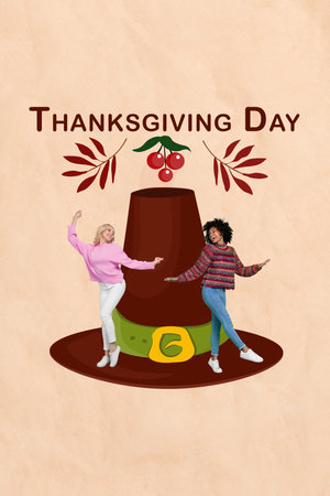 Vertical collage of two carefree positive mini girls dancing huge cone hat cherries thanksgiving day placard isolated on paper beige backgroundの写真素材