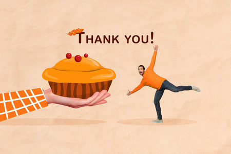 Creative collage of arm hold pumpkin pie mini excited guy dancing thank you poster isolated on paper beige backgroundの写真素材