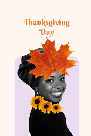 Vertical collage image of black white effect cheerful girl toothy smile fallen maple leaf head thanksgiving day bannerの写真素材