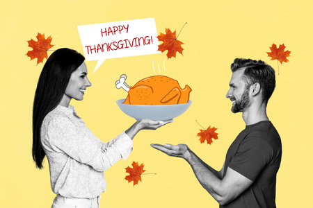 Artwork collage of two black white colors people hold give roasted turkey bowl happy thanksgiving dialogue bubble isolated on beige backgroundの写真素材