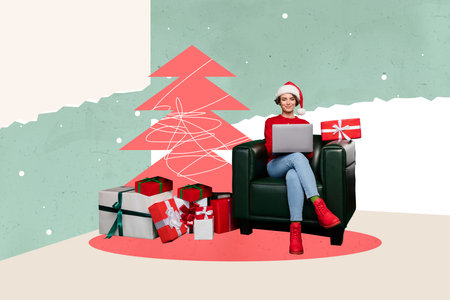 Creative abstract template collage of woman sitting armchair netbook internet connection new year atmosphere christmas celebration x-masの写真素材